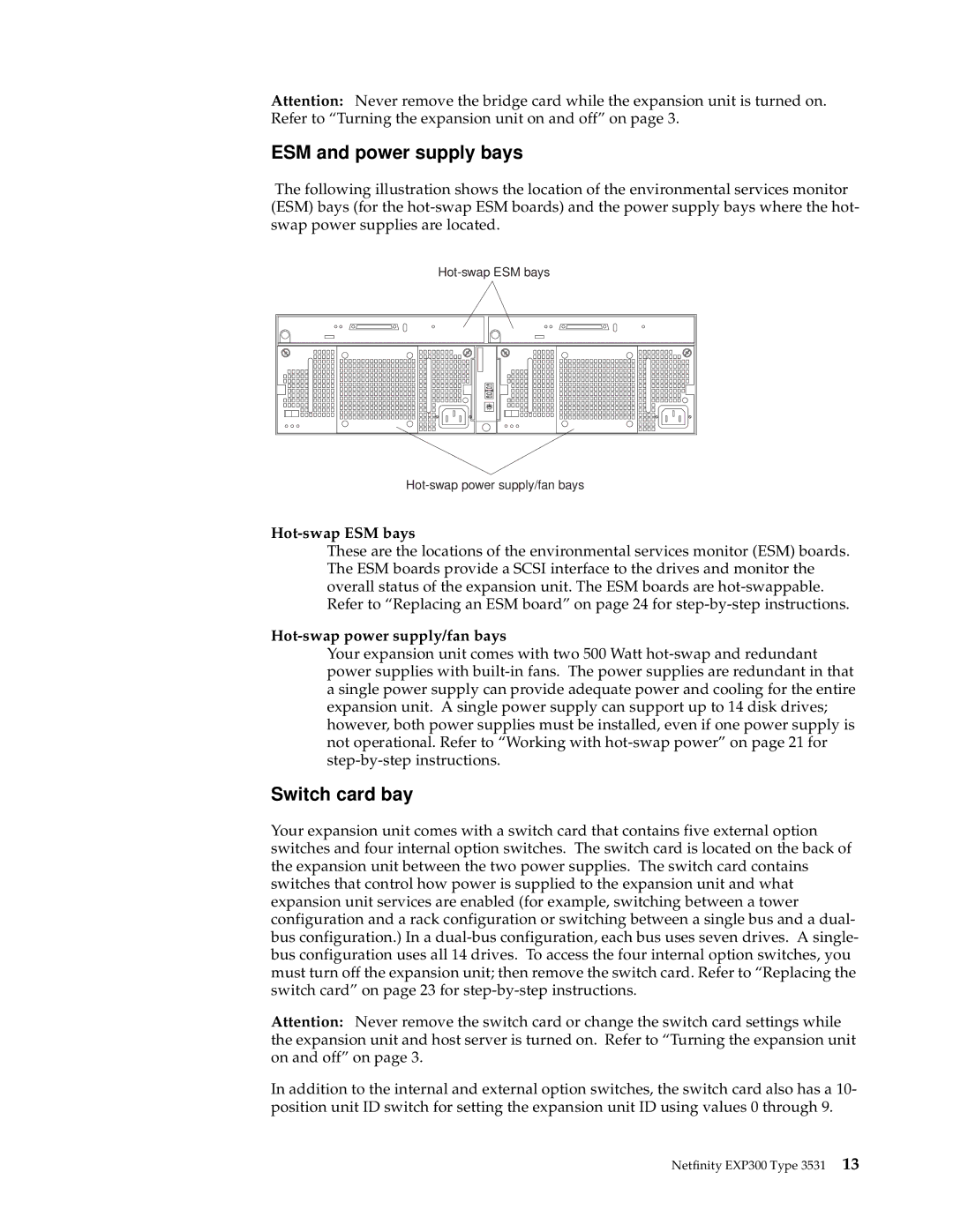 IBM 3531 manual ESM and power supply bays, Switch card bay, Hot-swap ESM bays, Hot-swap power supply/fan bays 