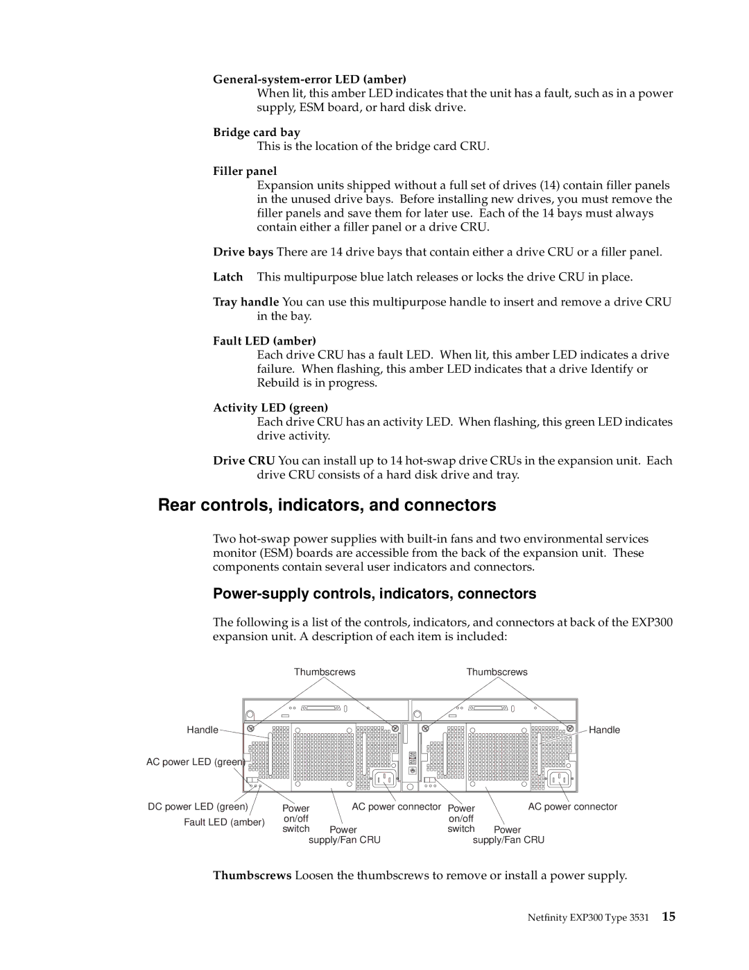 IBM 3531 manual Rear controls, indicators, and connectors, Power-supply controls, indicators, connectors 