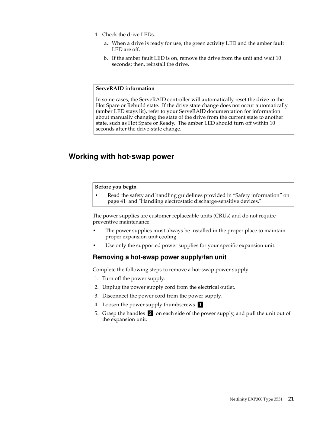 IBM 3531 manual Working with hot-swap power, Removing a hot-swap power supply/fan unit 