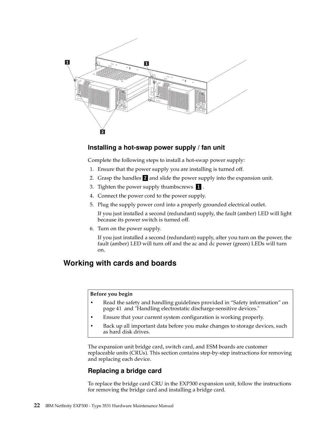 IBM 3531 manual Working with cards and boards, Installing a hot-swap power supply / fan unit, Replacing a bridge card 