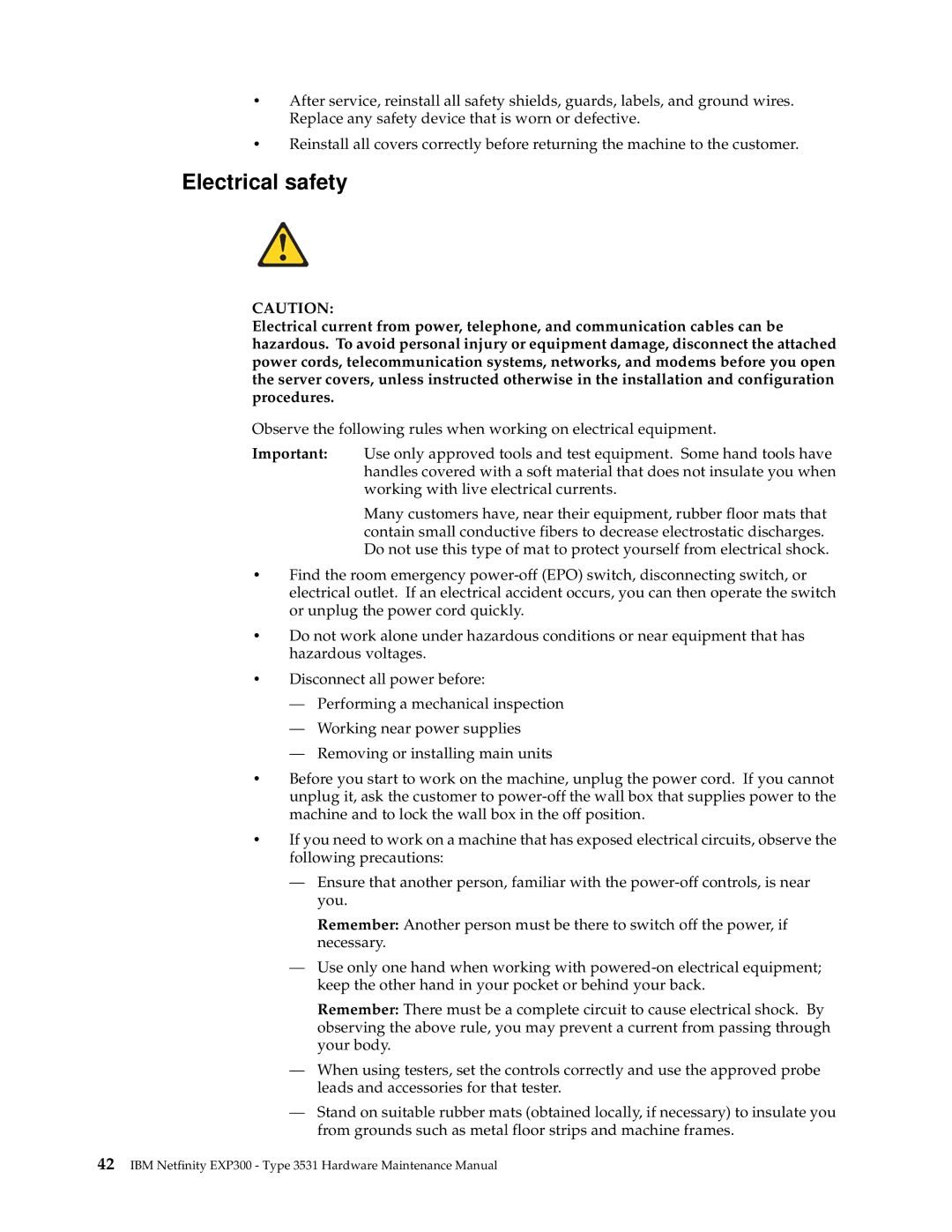 IBM 3531 manual Electrical safety 