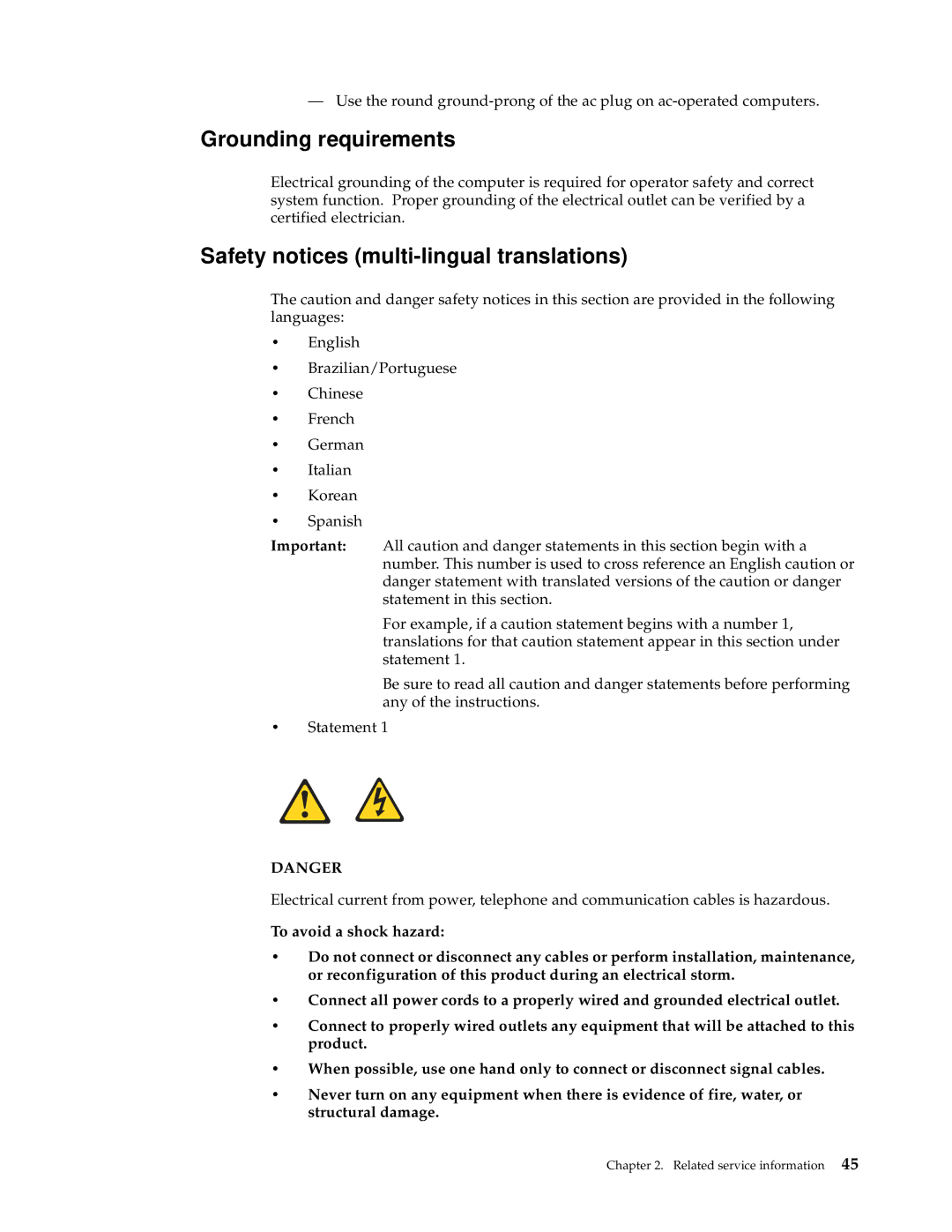 IBM 3531 manual Grounding requirements, Safety notices multi-lingual translations 