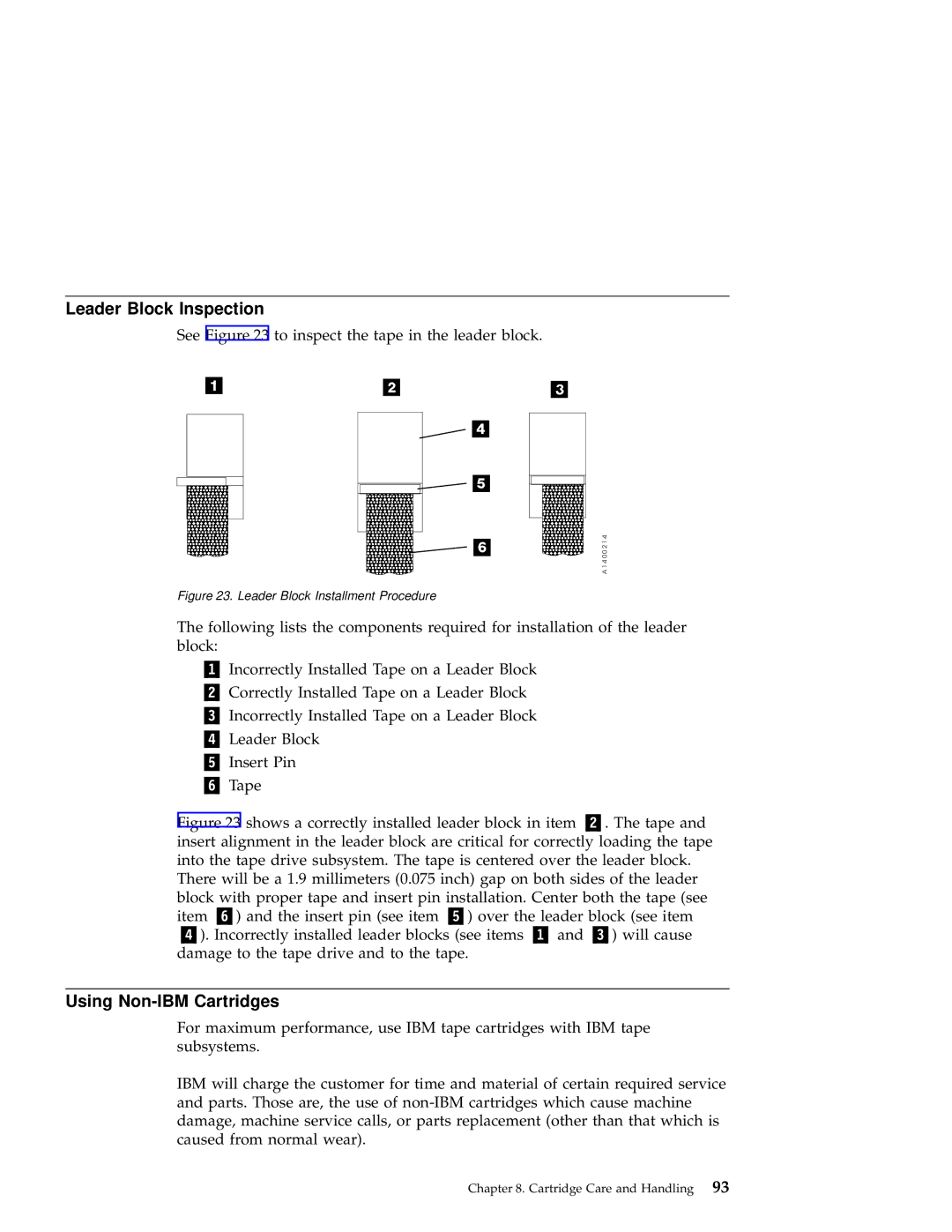IBM 3590 manual Leader Block Inspection, Using Non-IBM Cartridges, See to inspect the tape in the leader block 
