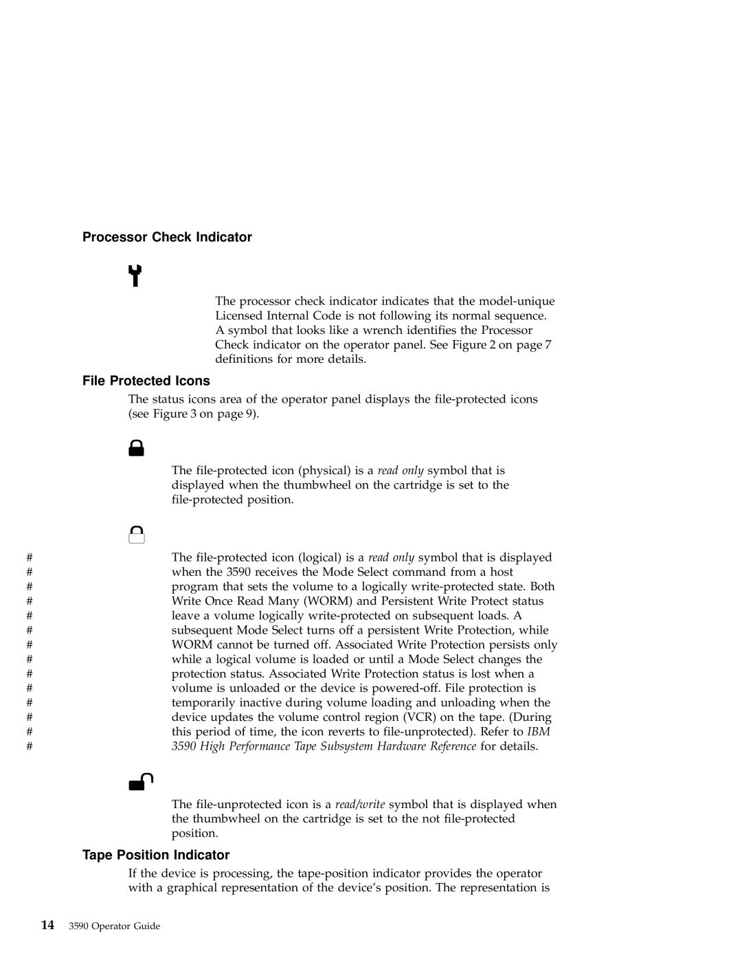 IBM 3590 manual Processor Check Indicator, File Protected Icons, Tape Position Indicator 