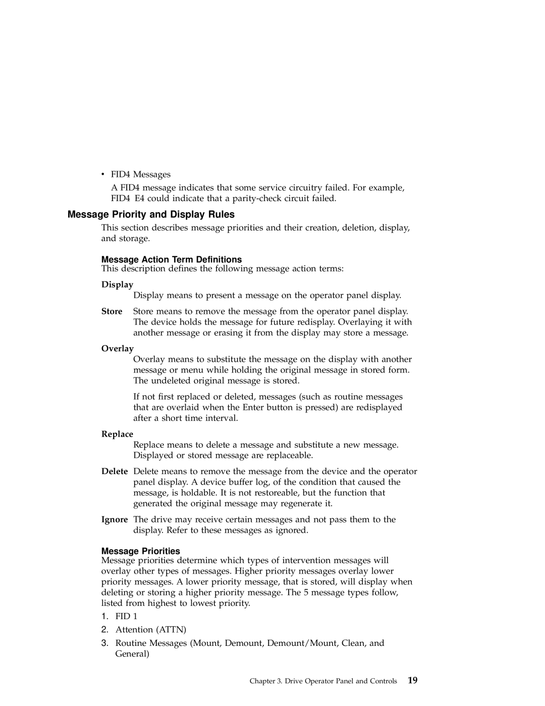 IBM 3590 manual Message Priority and Display Rules, Message Action Term Definitions, Message Priorities 