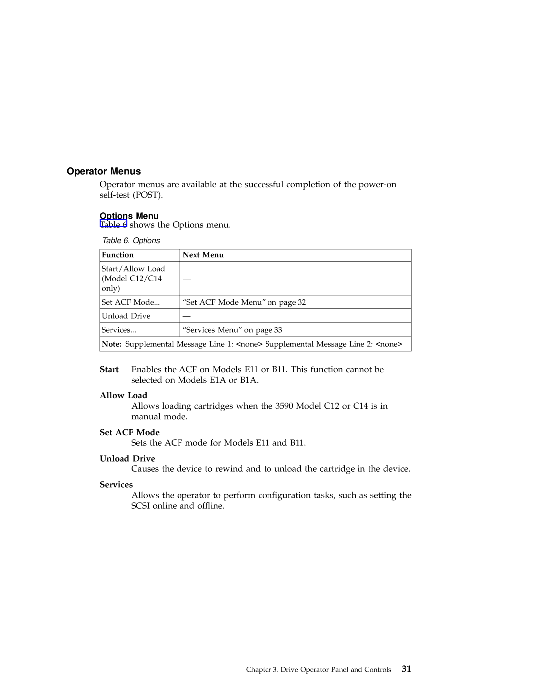 IBM 3590 manual Operator Menus, Options Menu 