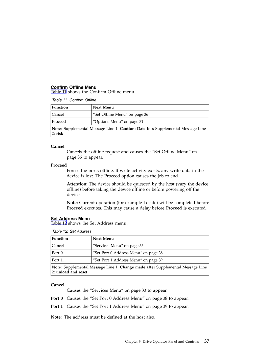 IBM 3590 manual Confirm Offline Menu, Shows the Confirm Offline menu, Set Address Menu, Shows the Set Address menu 