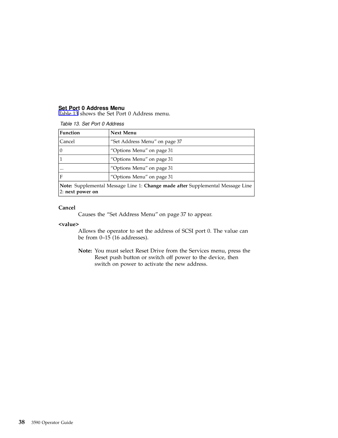 IBM 3590 Set Port 0 Address Menu, Shows the Set Port 0 Address menu, Causes the Set Address Menu on page 37 to appear 