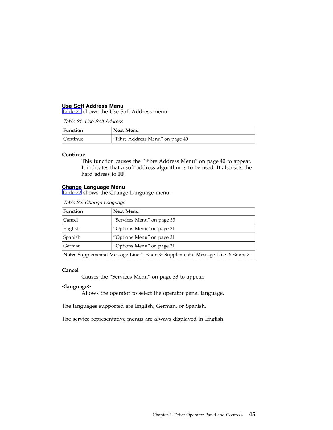 IBM 3590 manual Use Soft Address Menu, Continue, Change Language Menu 