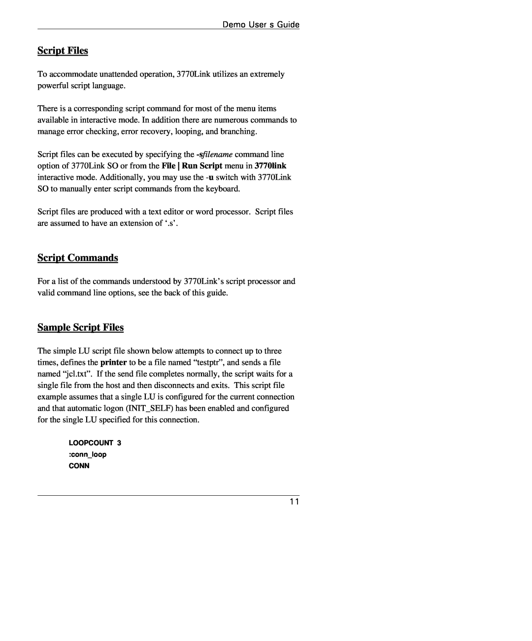 IBM 3770 manual Script Commands, Sample Script Files, Demo User’s Guide 