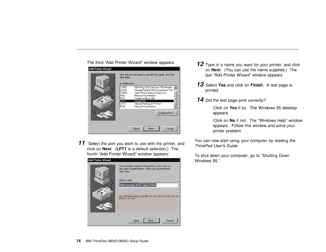 IBM 380XD, 385XD setup guide OnYes, LPT1, ThinkPad Users Guide 