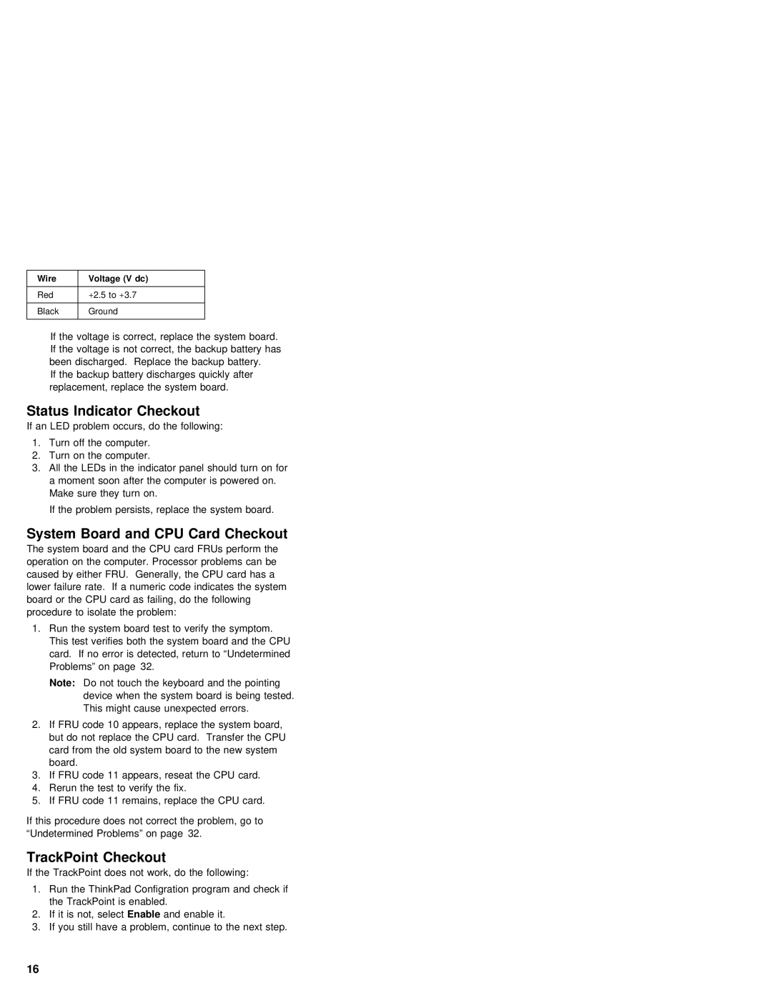 IBM 380Z manual Status Indicator Checkout, System Board and CPU Card Checkout, TrackPoint Checkout, Wire 