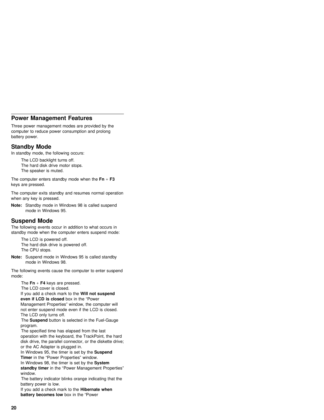 IBM 380Z manual Power Management Features, Standby Mode, Suspend Mode, Even 