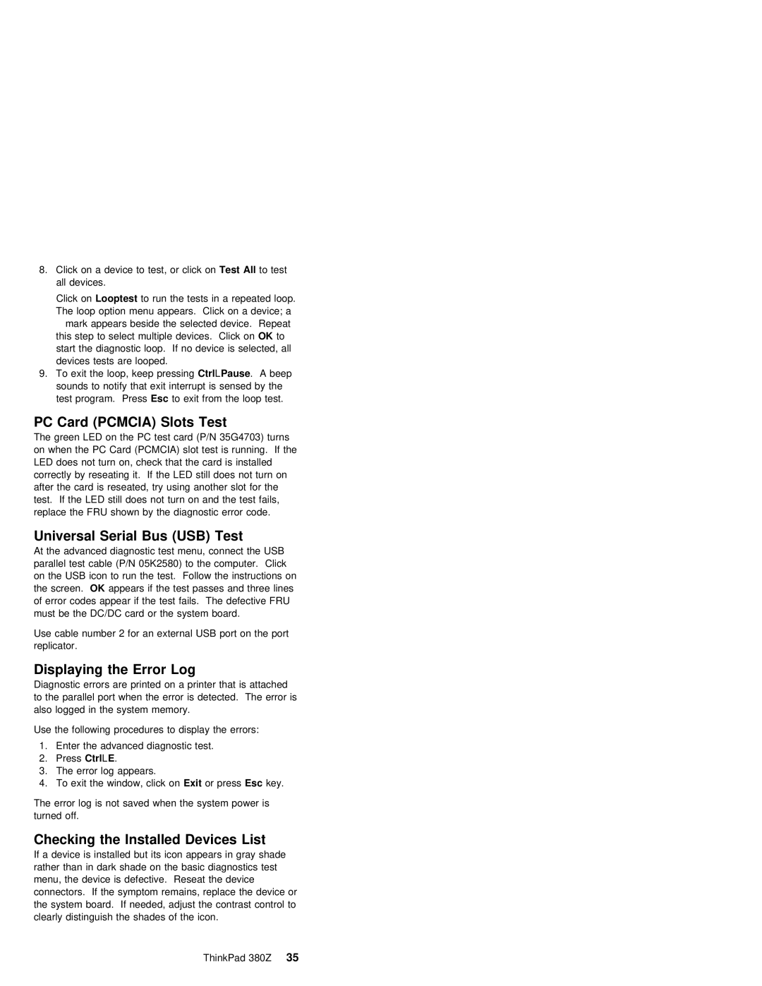 IBM 380Z manual Checking the Installed Devices List, Slots Test, Bus 