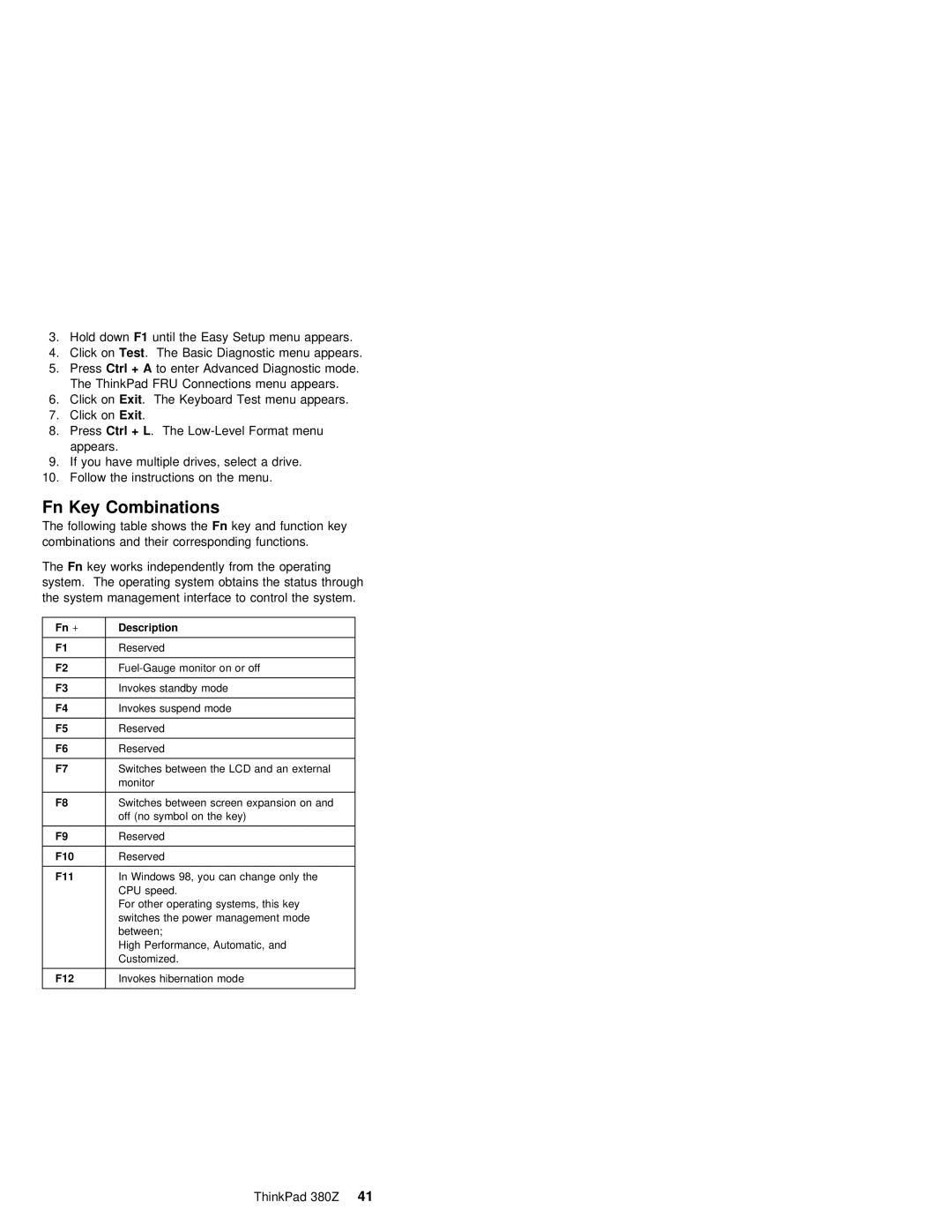 IBM 380Z manual Fn Key Combinations, PressCtrl +, OnExit 