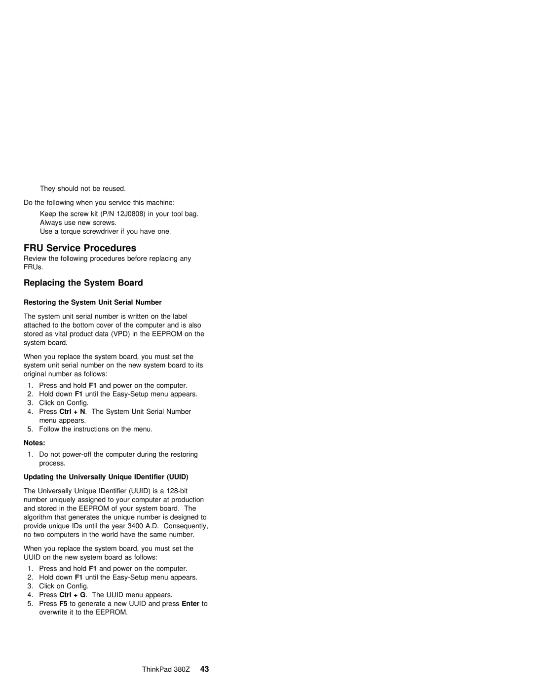 IBM 380Z manual FRU Service Procedures, Replacing the System Board, Number, Updating the Universally Unique IDentifier Uuid 