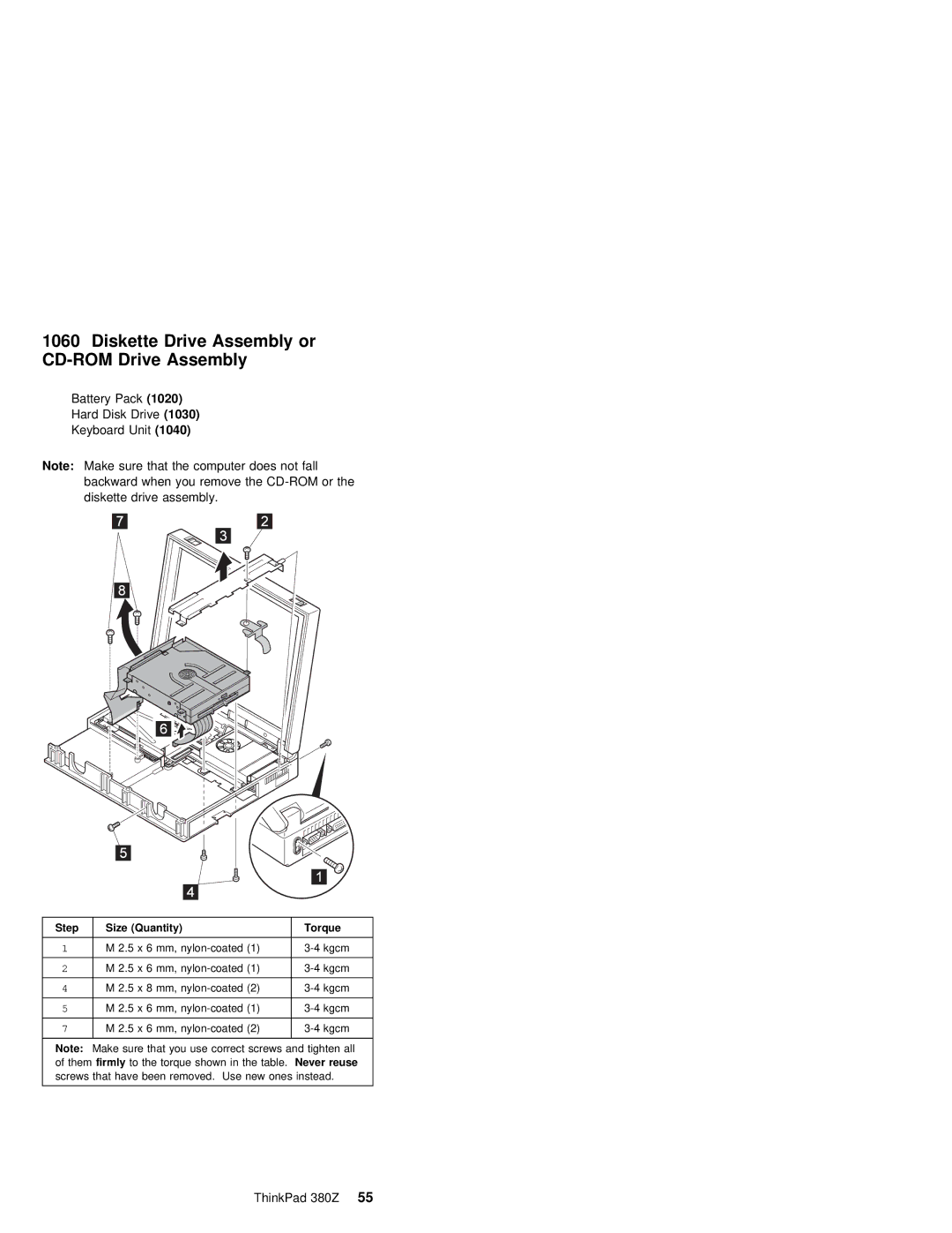 IBM 380Z manual Diskette Drive Assembly or CD-ROM Drive Assembly, Battery Pack1020 Hard Disk Drive1030 Keyboard Unit1040 