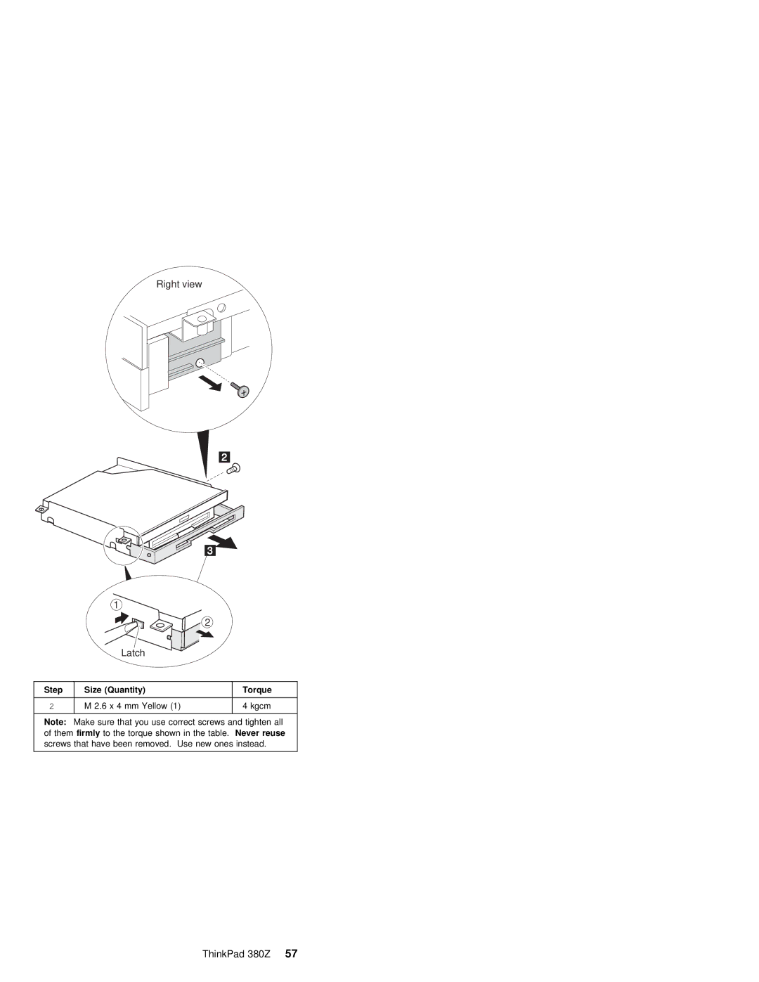 IBM 380Z manual Right view Latch, Step Size Quantity Torque 