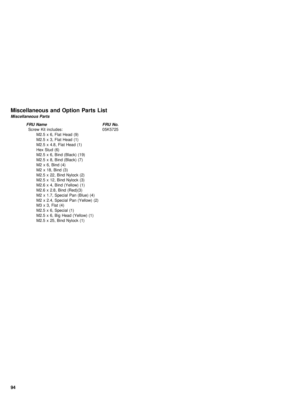 IBM 380Z manual Miscellaneous and Option Parts List, Miscellaneous Parts 