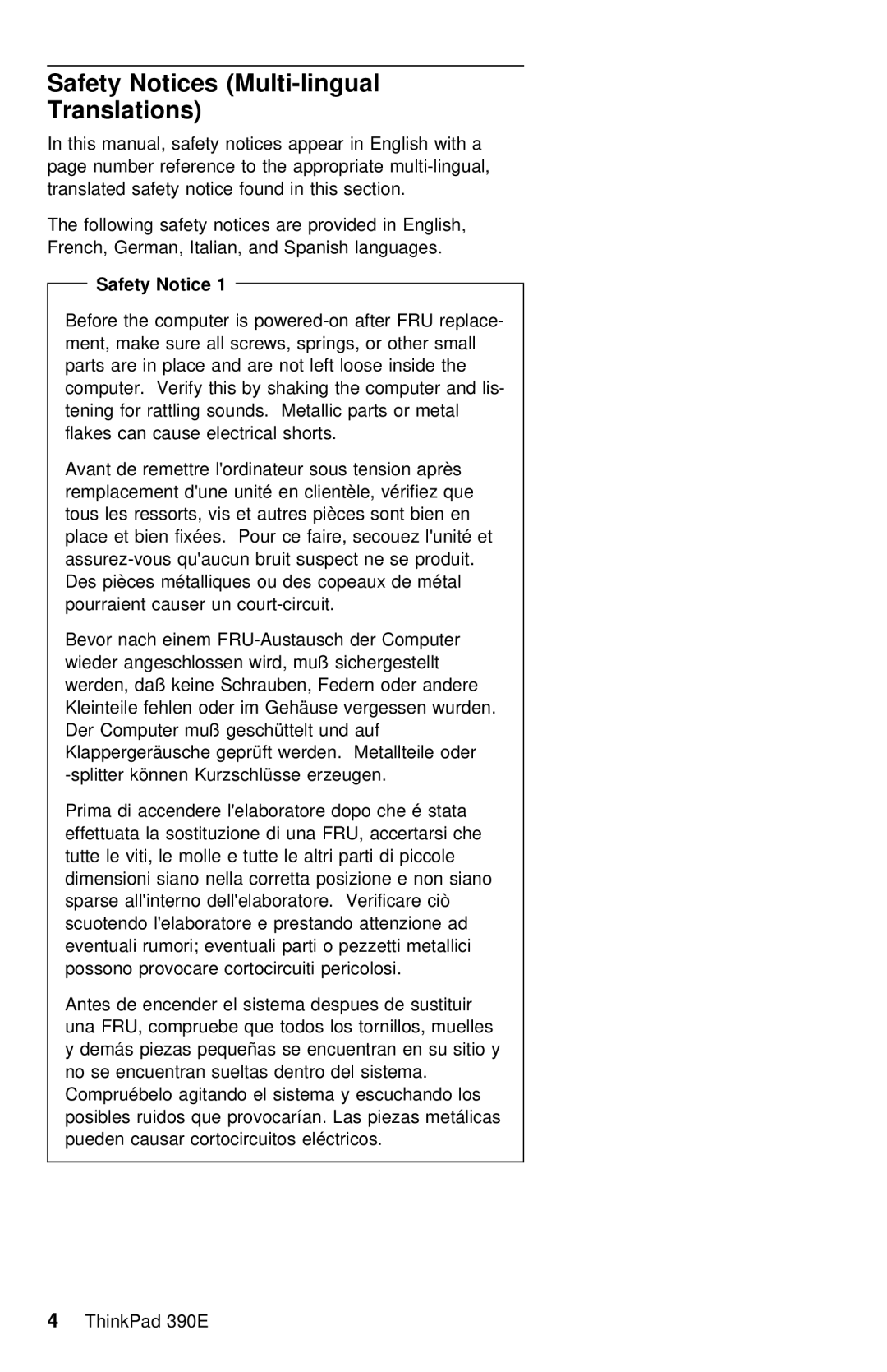 IBM 390E manual Safety Notices Multi-lingual Translations 