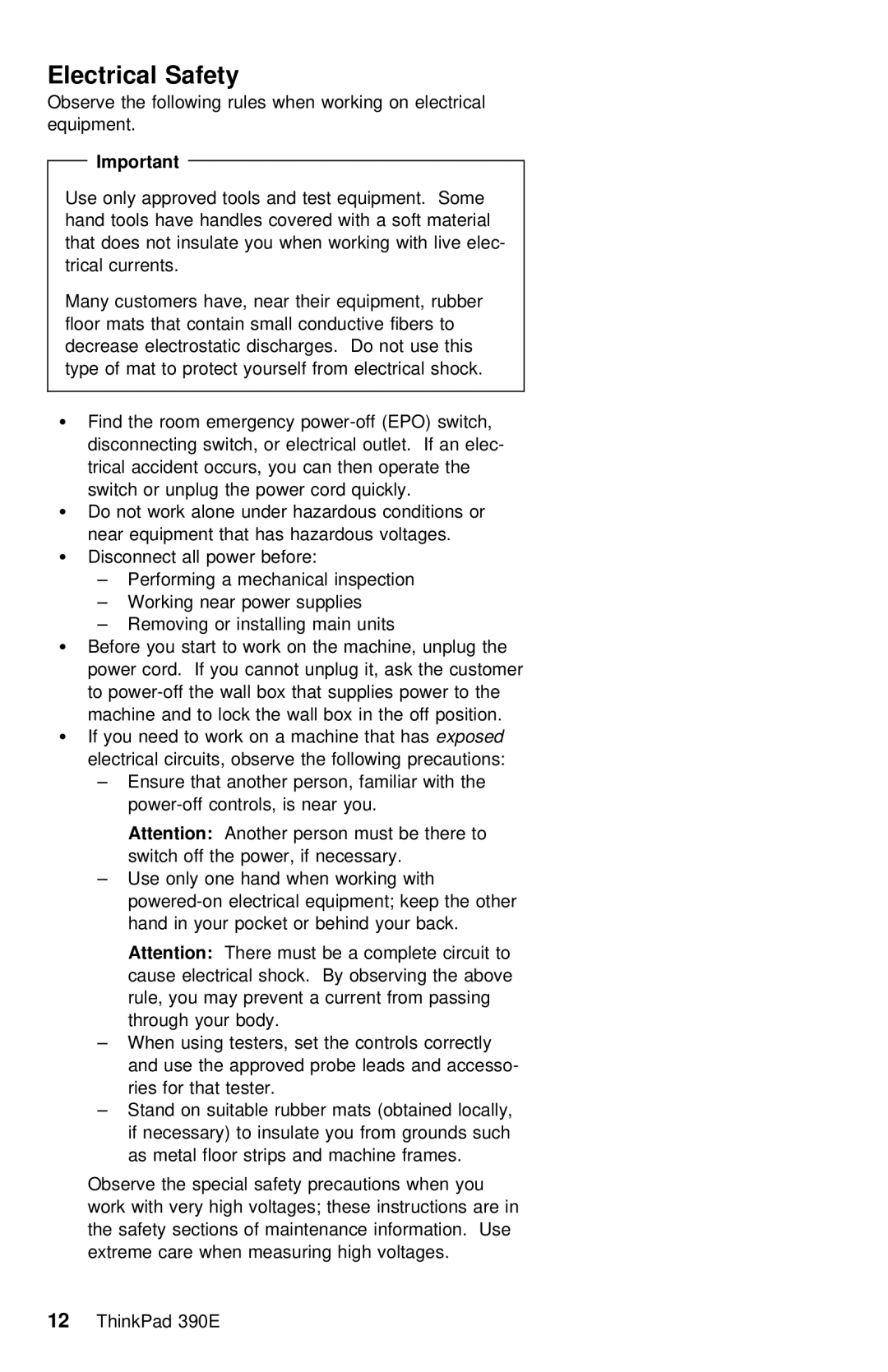 IBM 390E manual Electrical Safety 