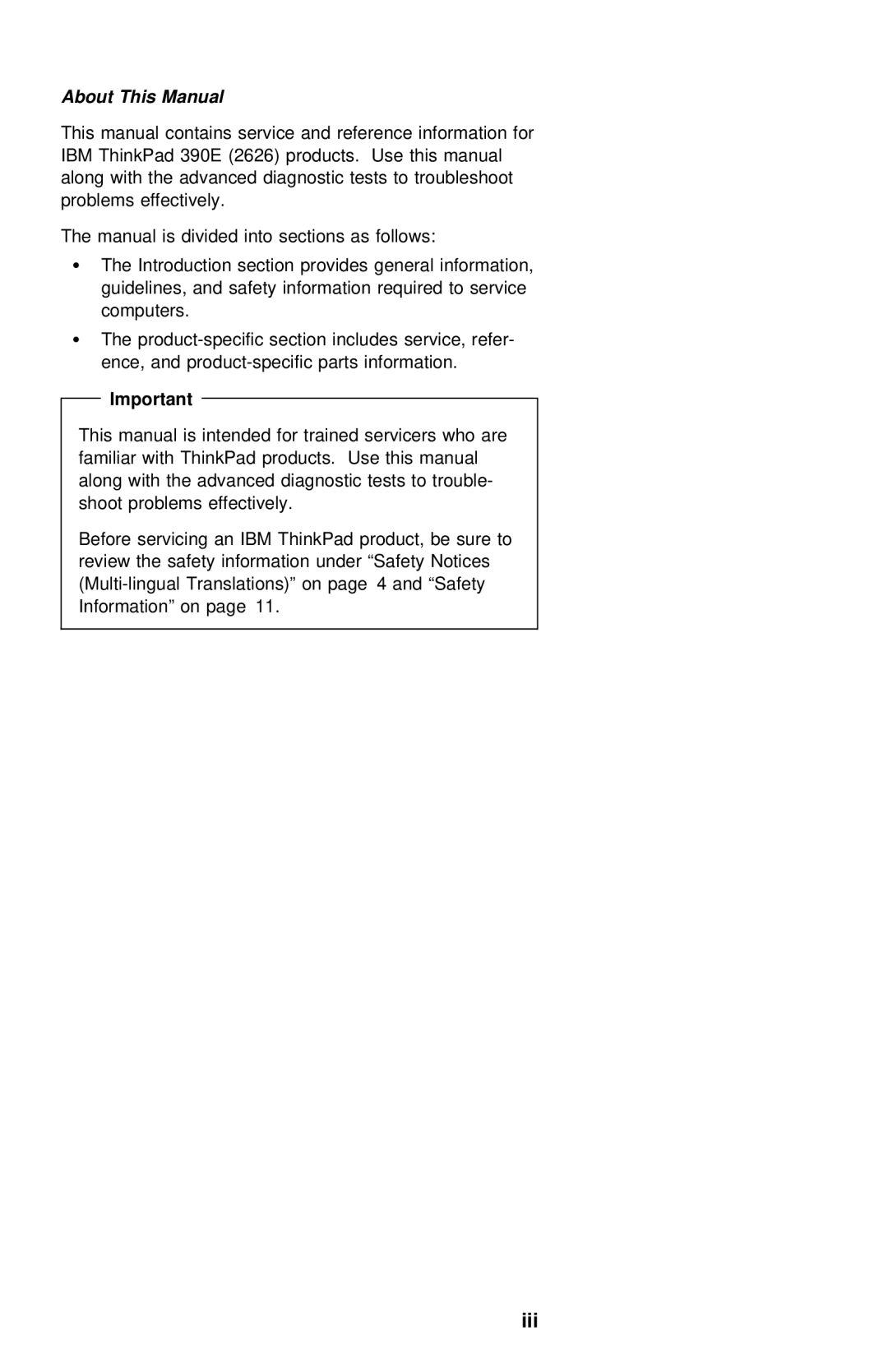 IBM 390E manual Iii 