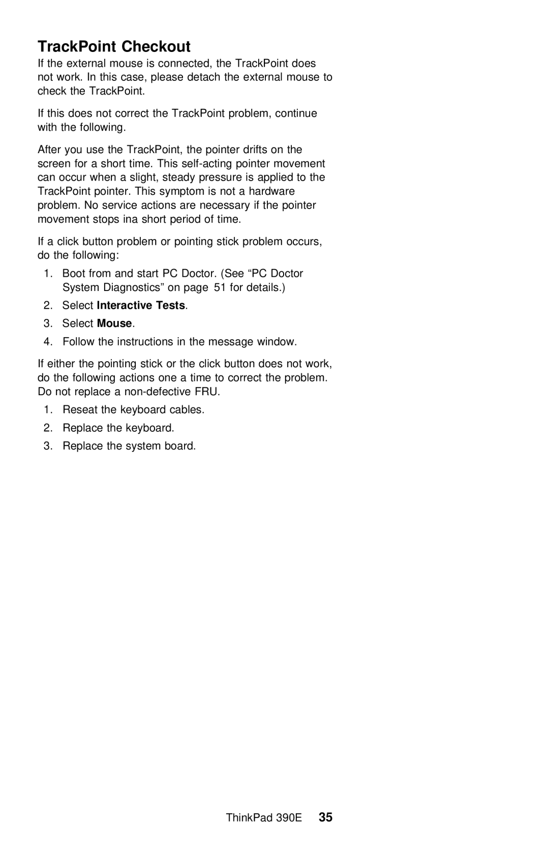 IBM 390E manual TrackPoint Checkout, SelectInteractive Tests 