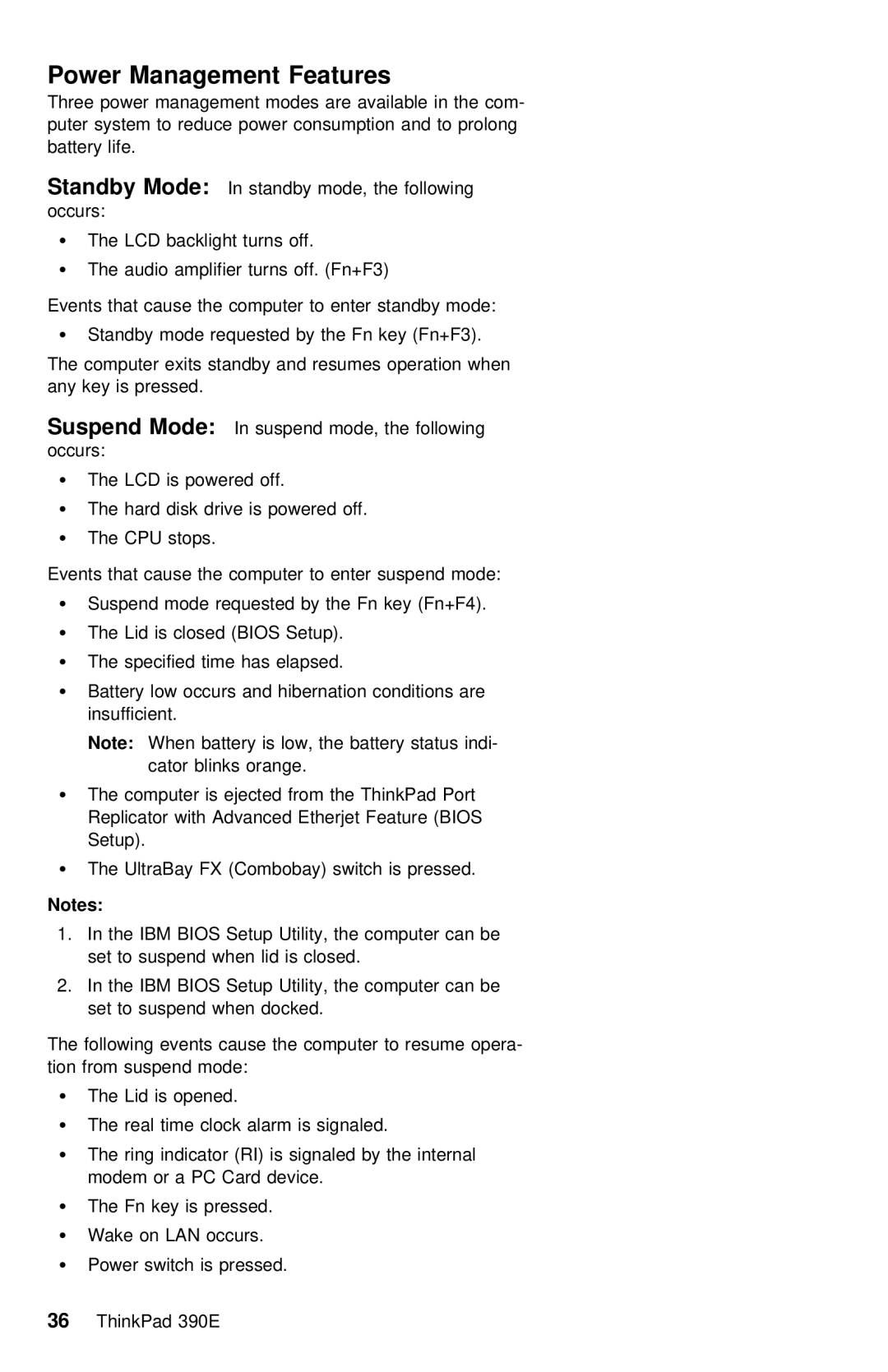 IBM 390E manual Power Management Features, Bios 