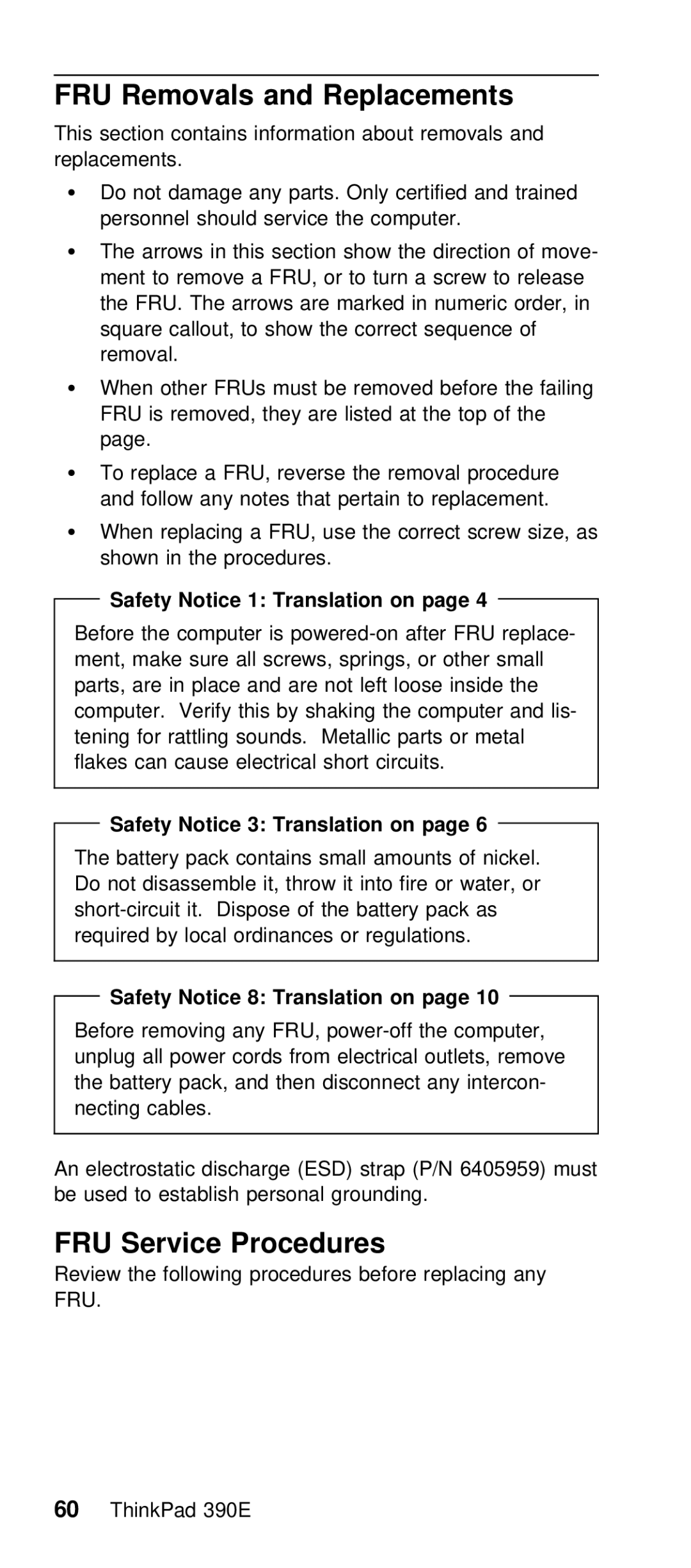 IBM 390E manual FRU Removals and Replacements, Safety Notice 1 Translation on, Service 