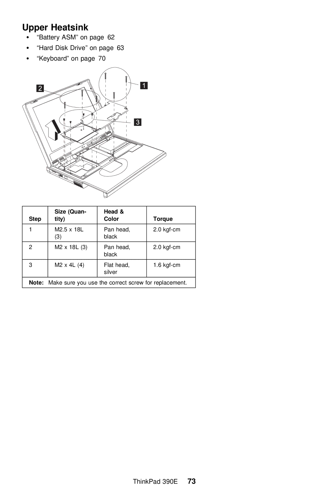 IBM 390E manual Upper Heatsink, Battery ASM on Hard Disk Drive on Keyboard on 