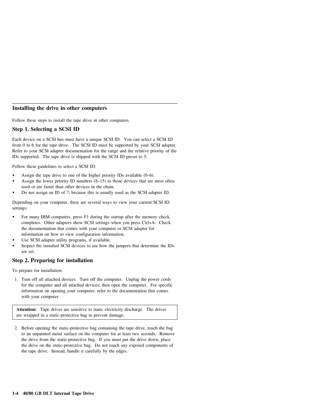 IBM 40/80 GB DLT manual Installing the drive in other computers, Selecting a Scsi ID 