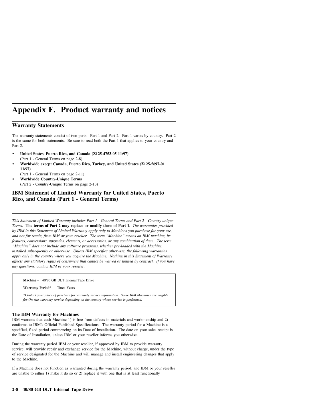 IBM 40/80 GB DLT Statements, Parts, For Both statements Sure to, Both Part That Applies, Part 2 Country-Unique Terms on 