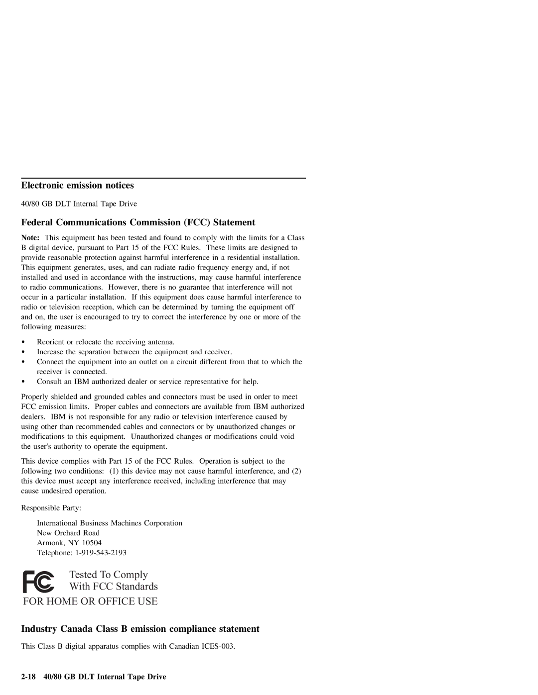 IBM 40/80 GB DLT manual Industry Canada Class B emission compliance statement 