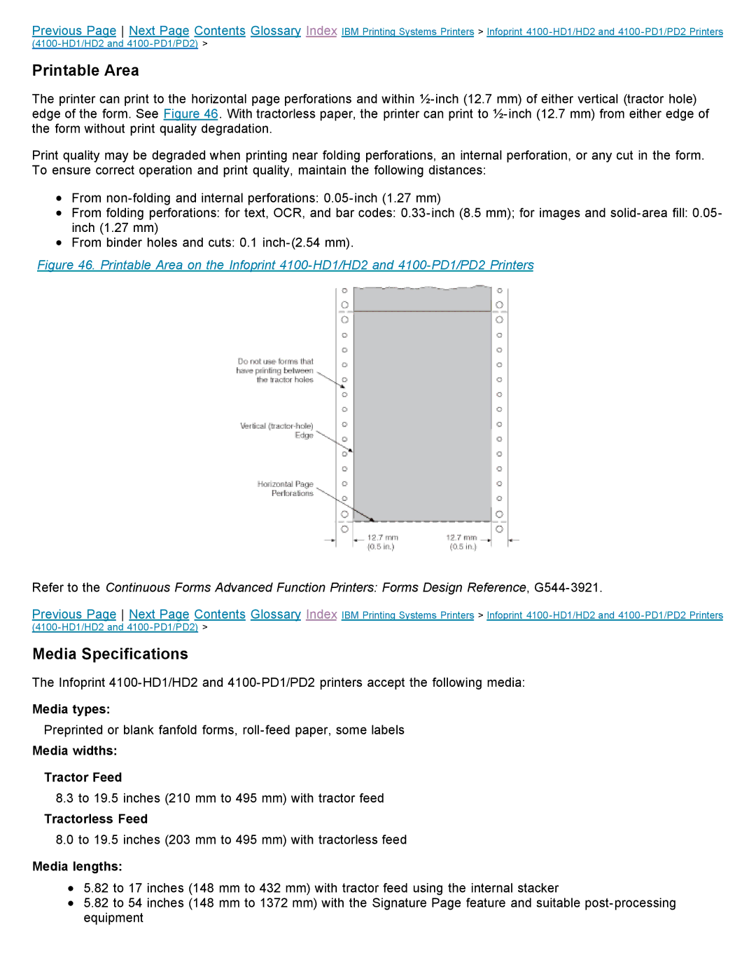 IBM 4100 specifications Printable Area, Media Specifications 