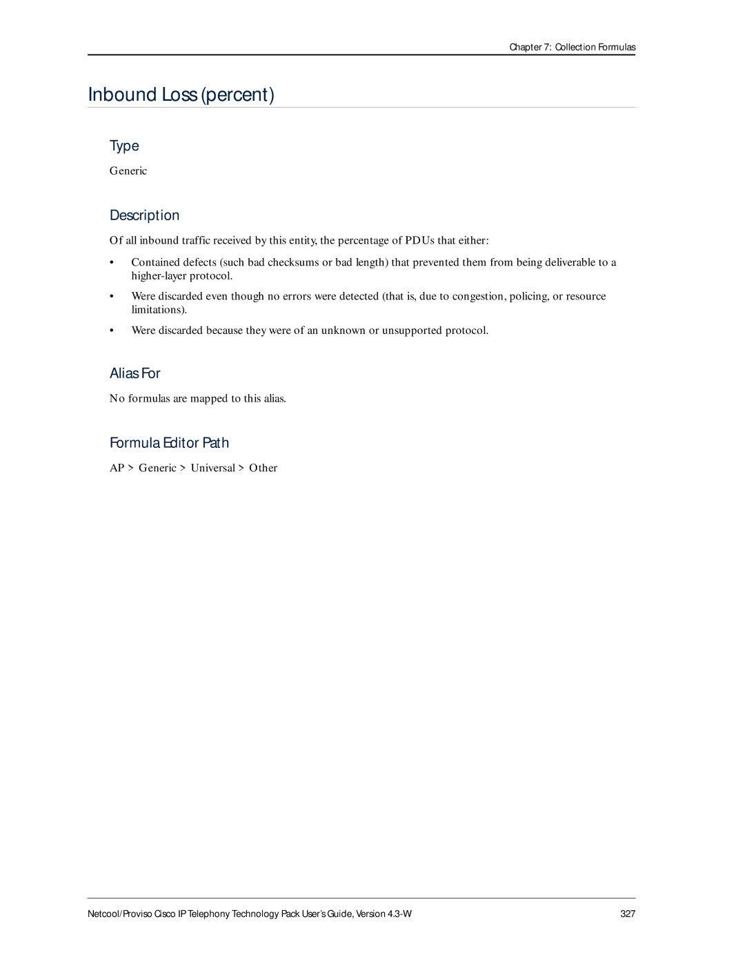 IBM 4.3-W manual Inbound Loss percent, No formulas are mapped to this alias, AP Generic Universal Other 