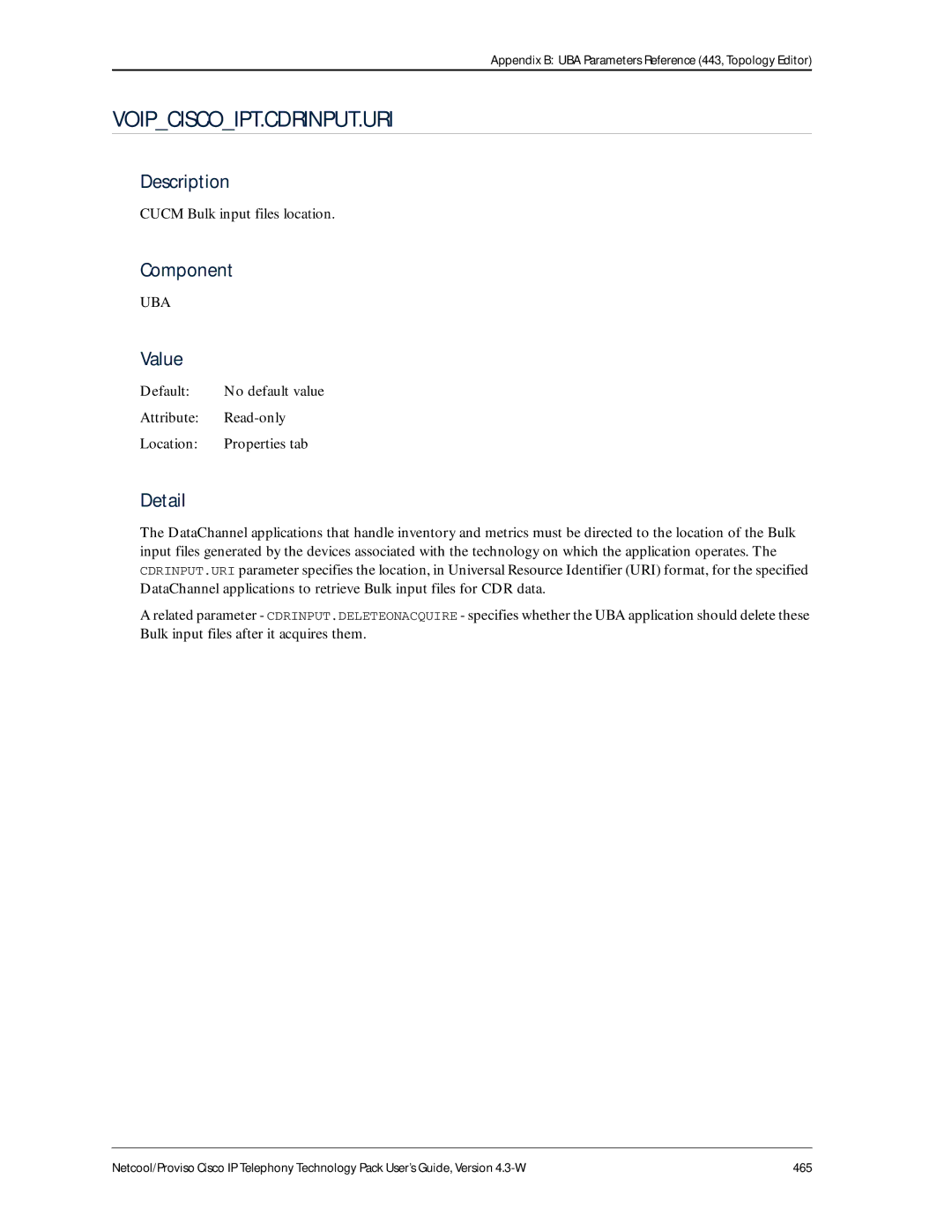 IBM 4.3-W manual Voipciscoipt.Cdrinput.Uri, Cucm Bulk input files location 