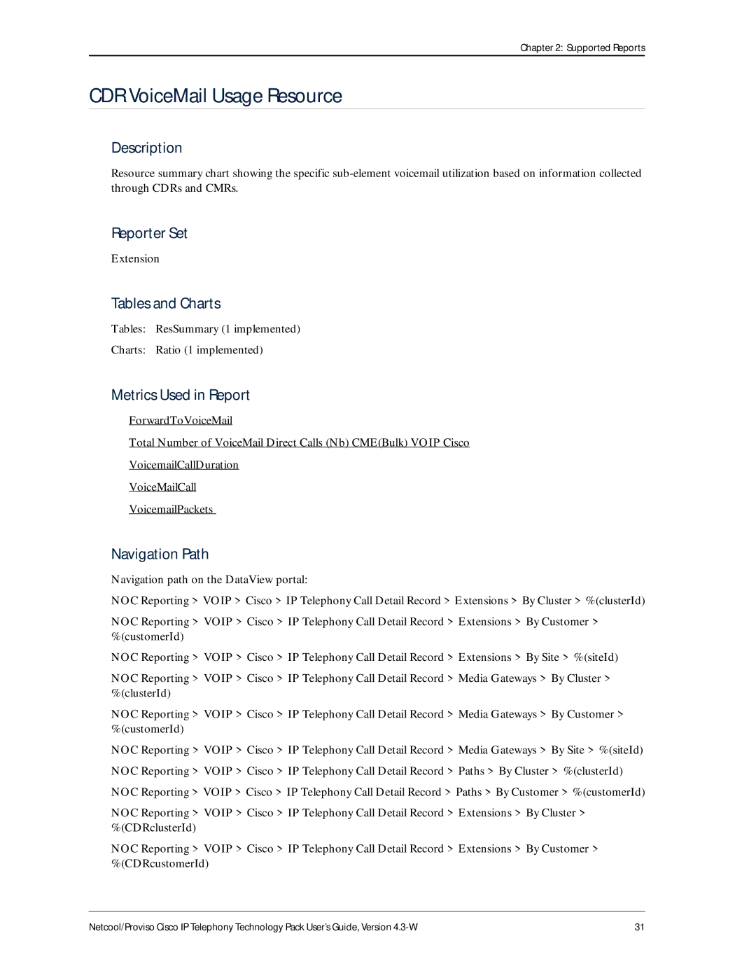 IBM 4.3-W manual CDR VoiceMail Usage Resource, Tables ResSummary 1 implemented Charts Ratio 1 implemented 