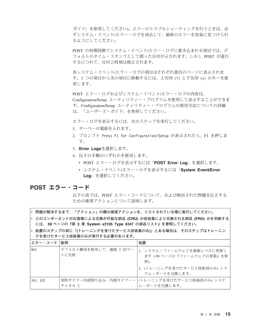 IBM 4347 manual Post エラー・コード, 101 