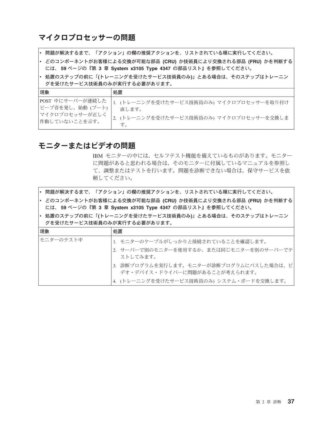 IBM 4347 manual マイクロプロセッサーの問題, モニターまたはビデオの問題 