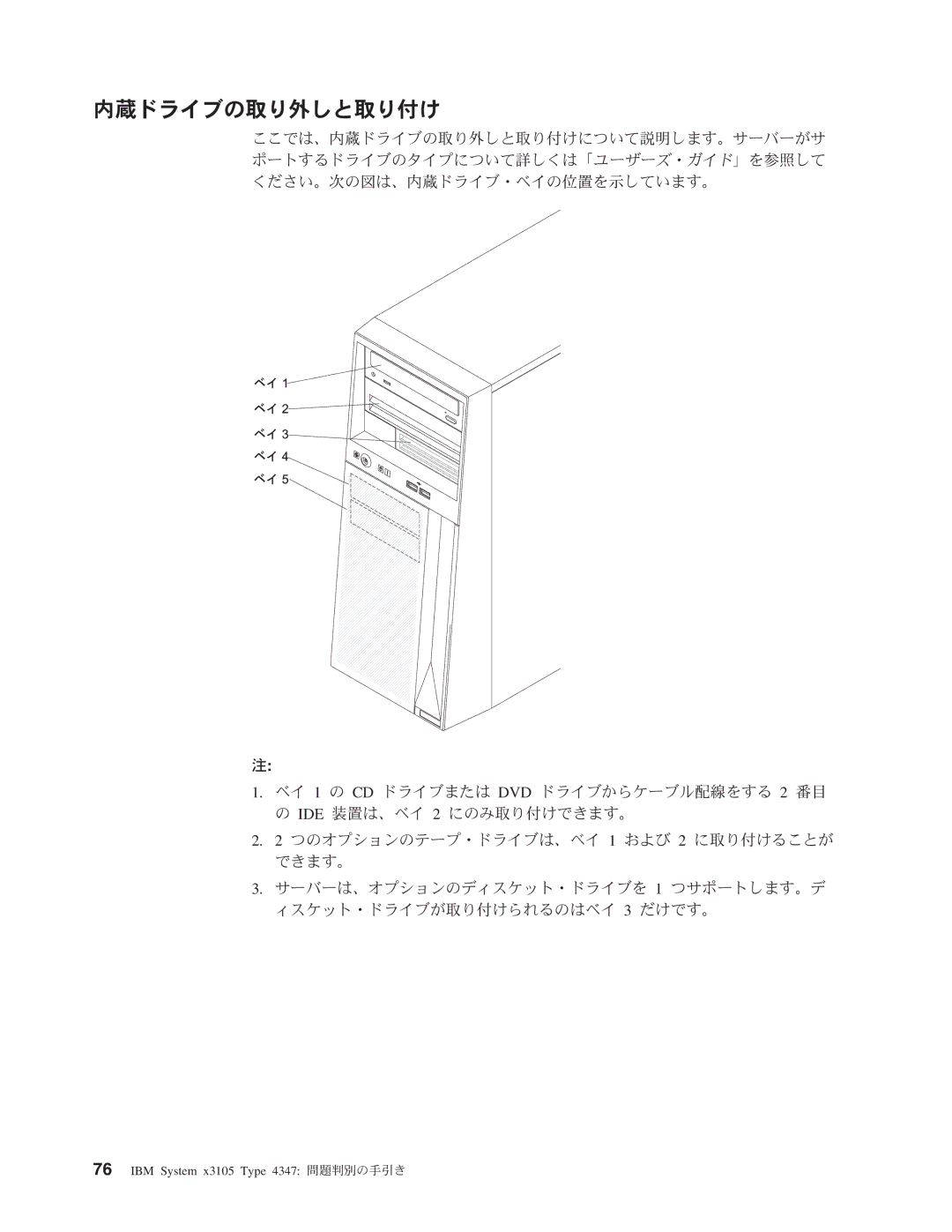 IBM 4347 manual 内蔵ドライブの取り外しと取り付け 