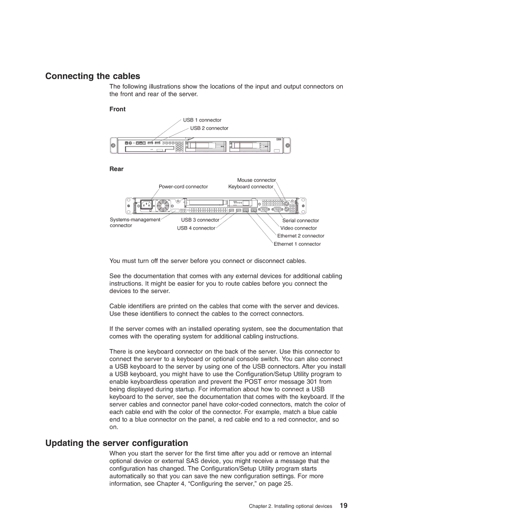 IBM 4364, 4365 manual Connecting the cables, Updating the server configuration 