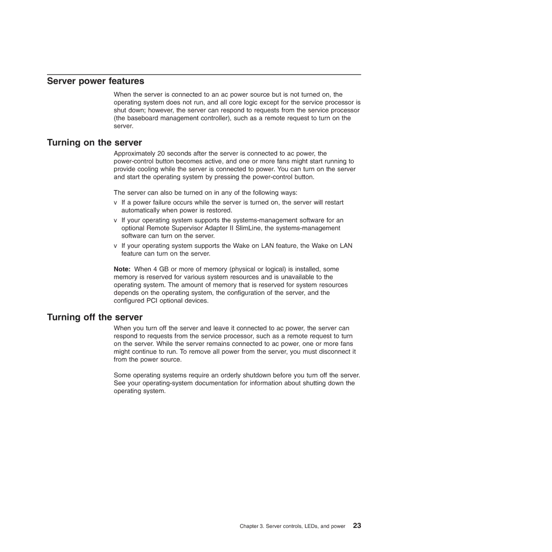 IBM 4364, 4365 manual Server power features, Turning on the server, Turning off the server 