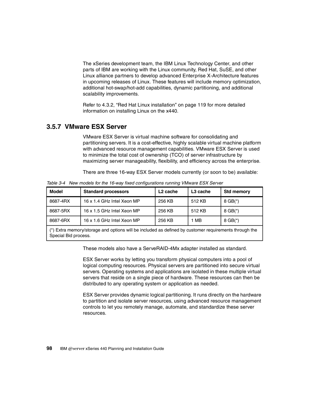 IBM 440 manual VMware ESX Server, Model Standard processors L2 cache L3 cache Std memory 