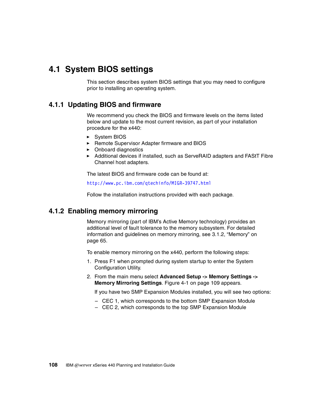 IBM 440 manual System Bios settings, Updating Bios and firmware, Enabling memory mirroring 