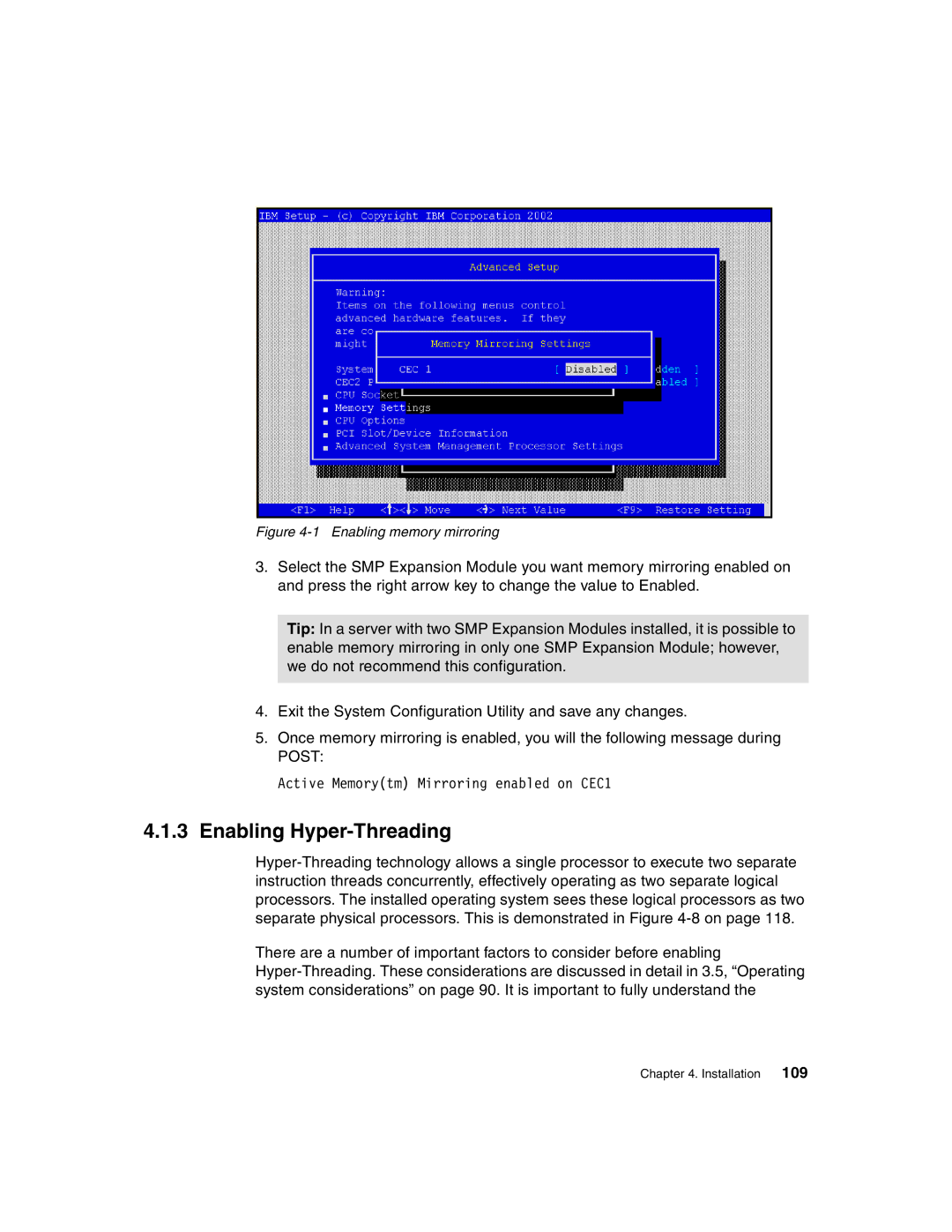 IBM 440 manual Enabling Hyper-Threading, Enabling memory mirroring 