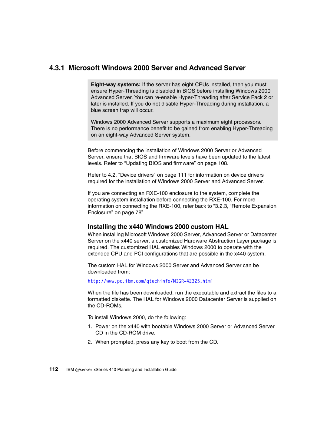 IBM manual Microsoft Windows 2000 Server and Advanced Server, Installing the x440 Windows 2000 custom HAL 