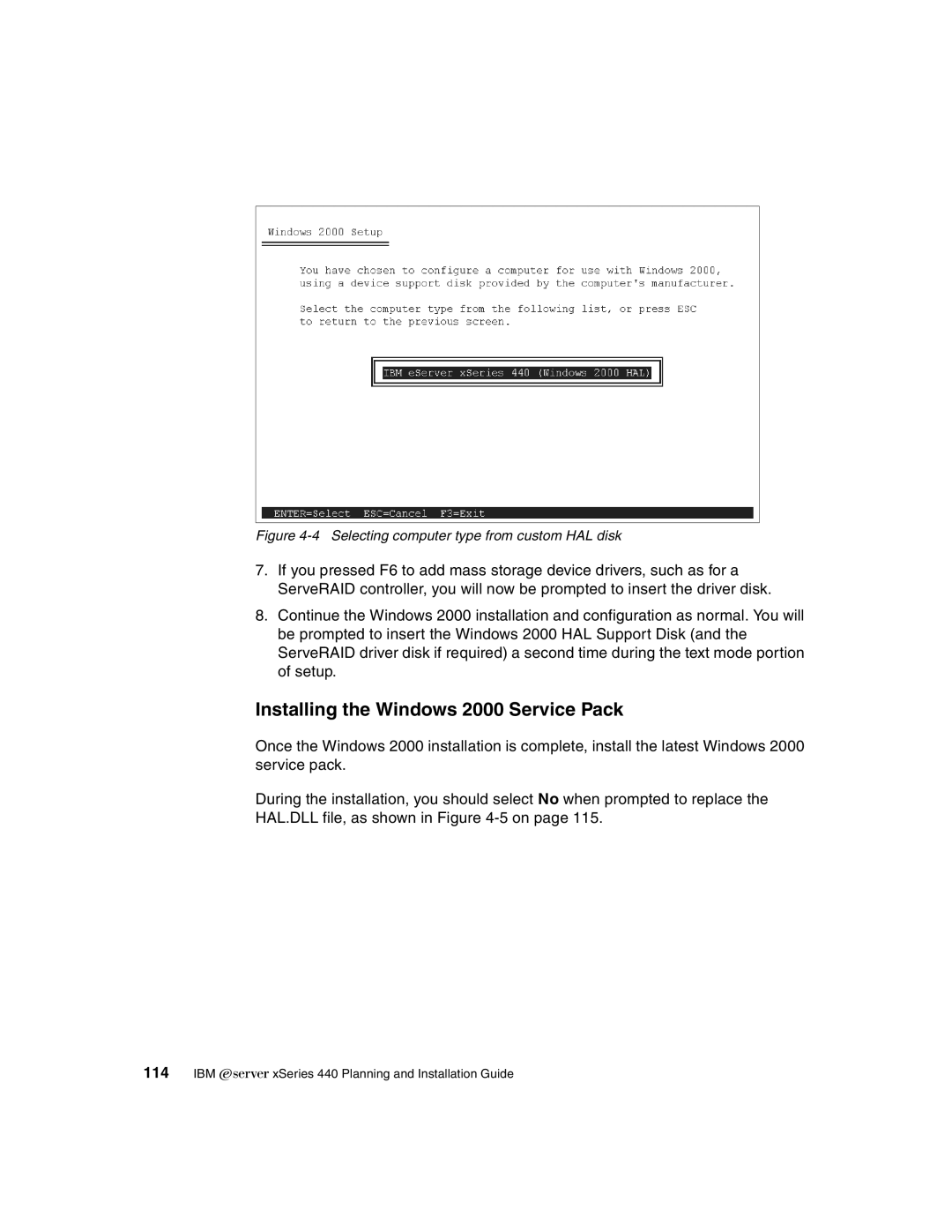 IBM 440 manual Installing the Windows 2000 Service Pack, Selecting computer type from custom HAL disk 