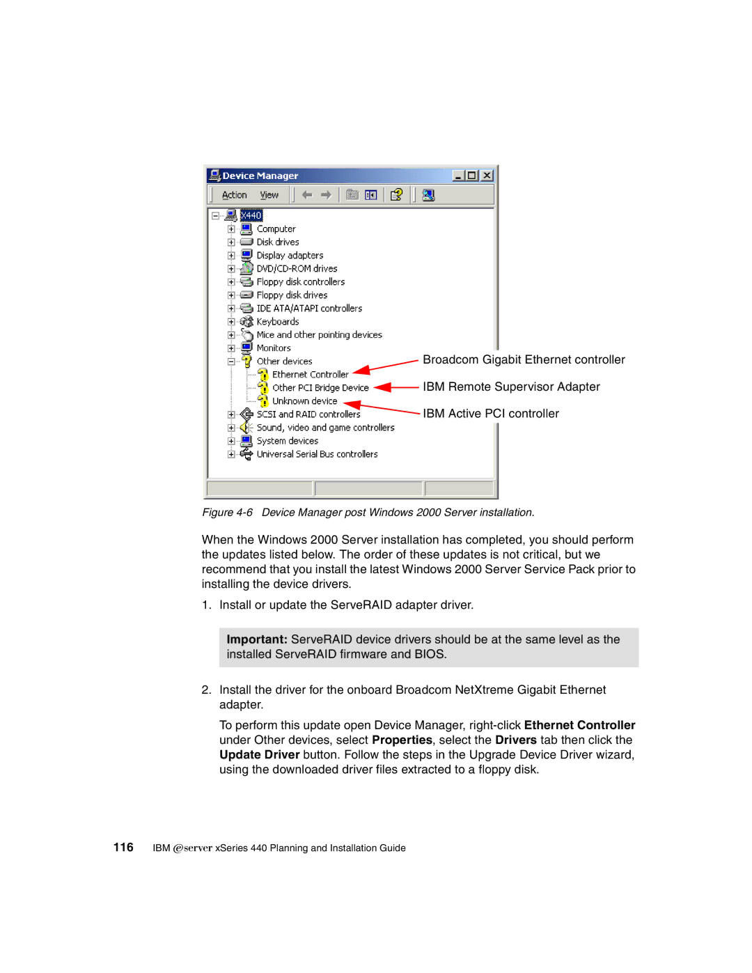 IBM 440 manual Device Manager post Windows 2000 Server installation 