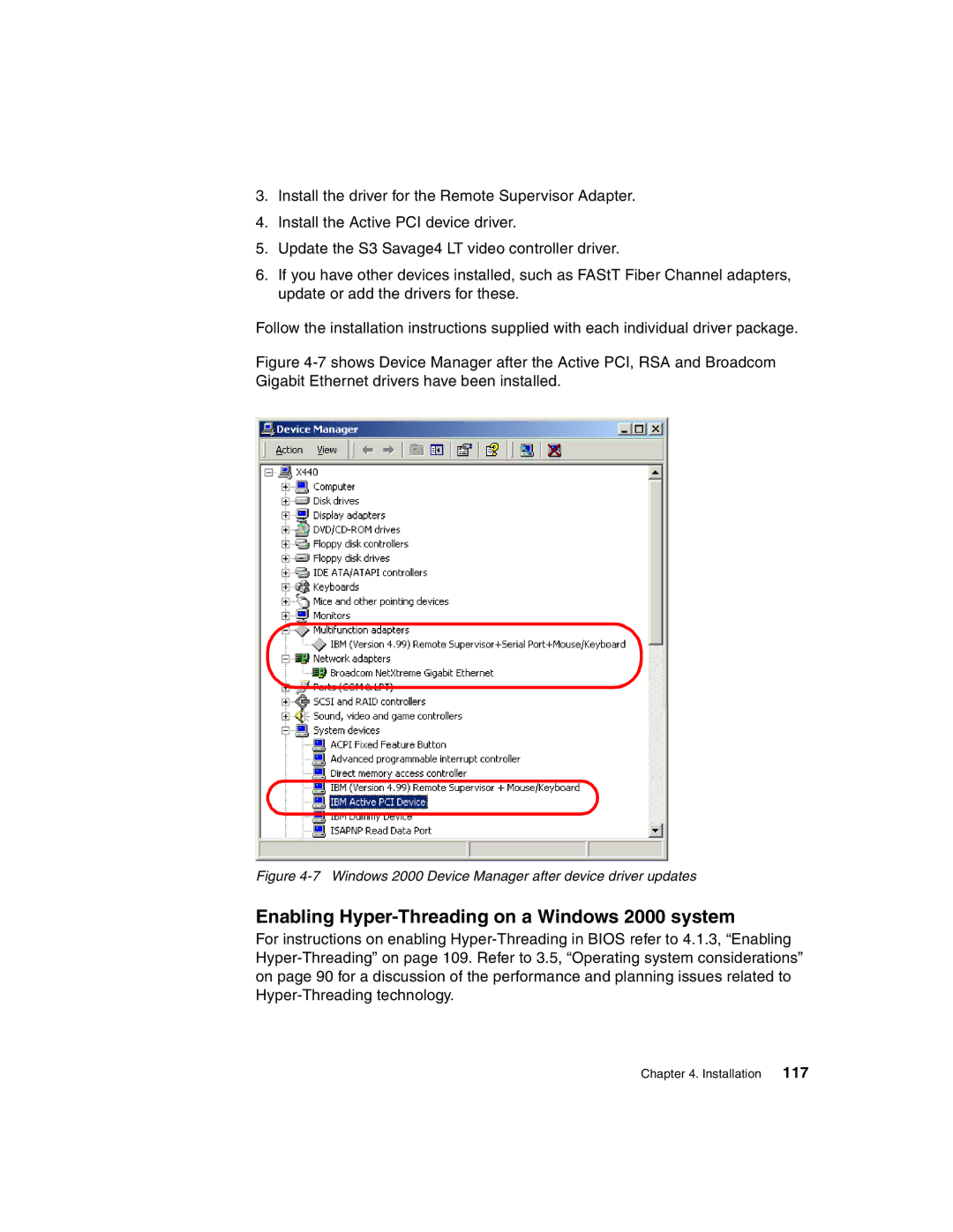 IBM 440 manual Enabling Hyper-Threading on a Windows 2000 system, Windows 2000 Device Manager after device driver updates 