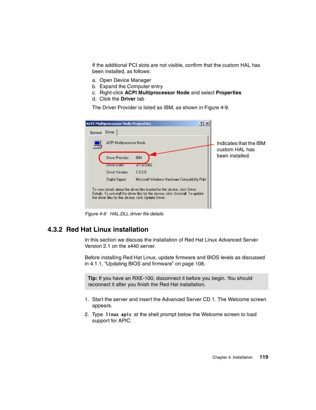 IBM 440 manual Red Hat Linux installation, Right-clickACPI Multiprocessor Node and select Properties 